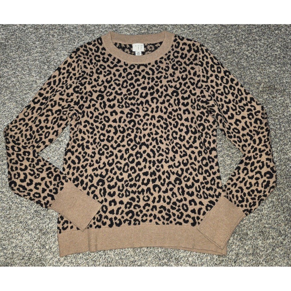 A New Day Leopard Print Crewneck Sweater Womens XS Tan Black Animal Print Knit